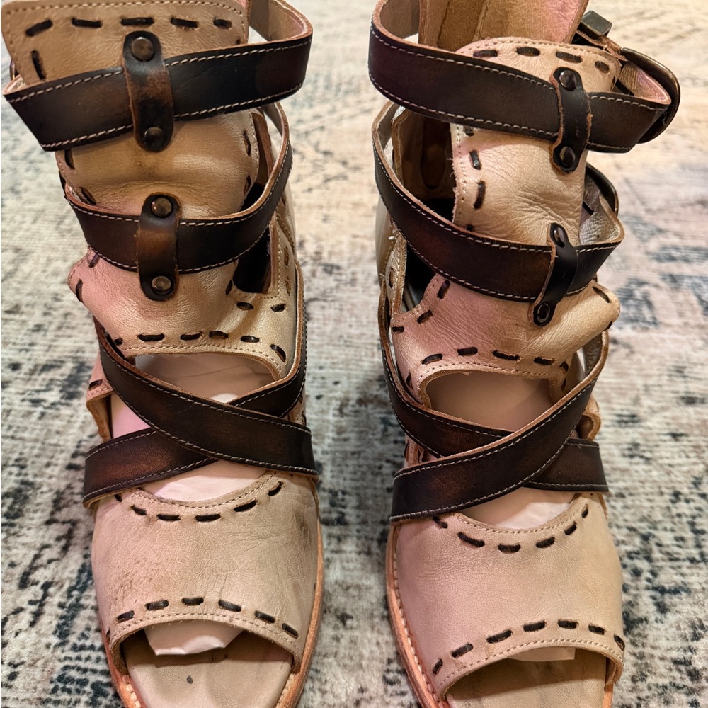 Freebird by Steven “Revenant” Leather Wrap Strap Peep/ Open-Toe Booties – Beige